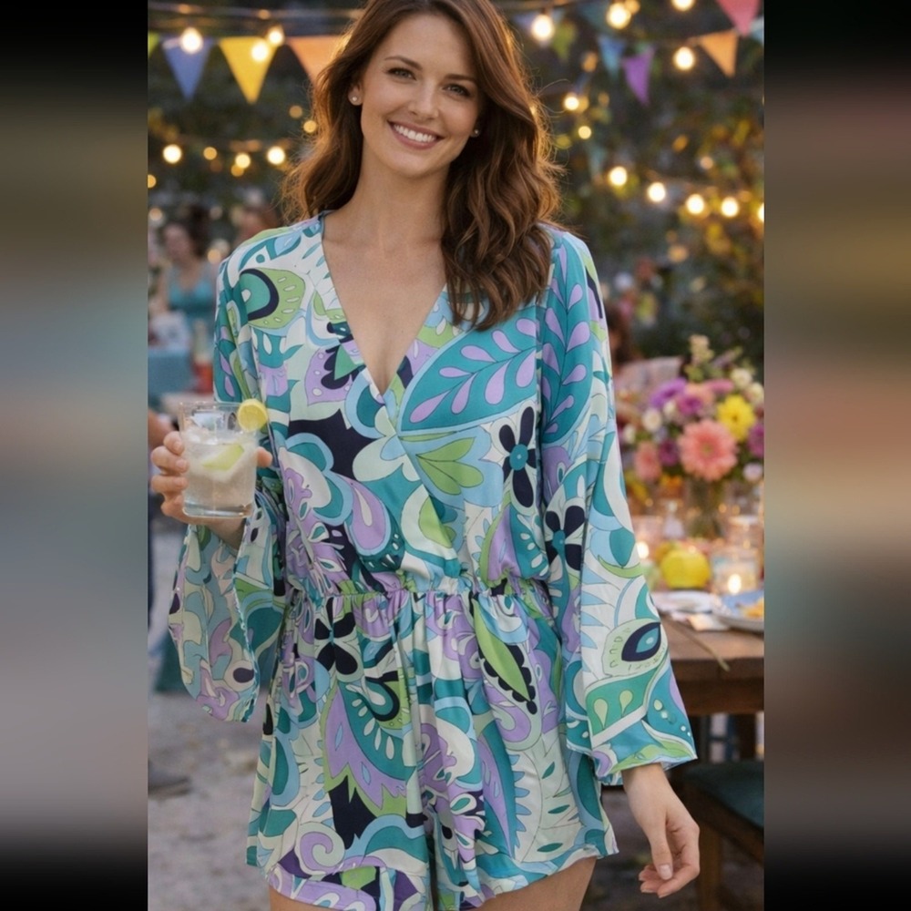 Steve Madden Womens Retro Paisley Floral‎ Bell Sleeve Romper Blue Green XS